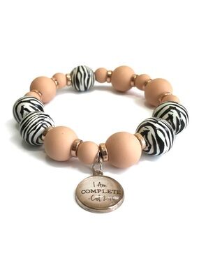 Peach Beaded Stretch Bracelet with Zebra Accent Beads and Charm